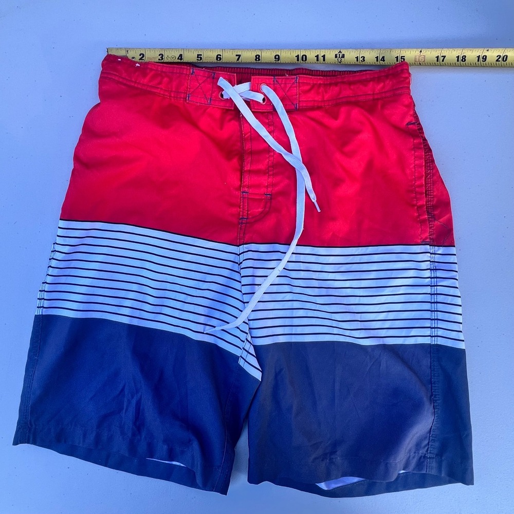 Merona Mens Swim Trunks Red White Navy Blue Striped Colorblock Board Shorts Medi